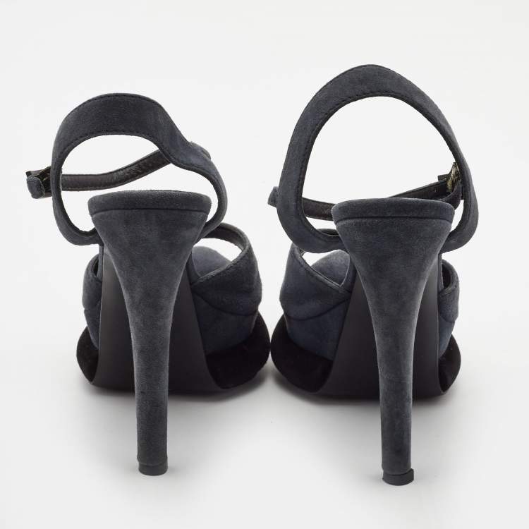 Pre Owned Fendi Navy Blue Suede Platform Ankle Strap Sandals Size 38
