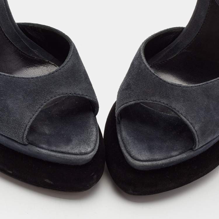Pre Owned Fendi Navy Blue Suede Platform Ankle Strap Sandals Size 38