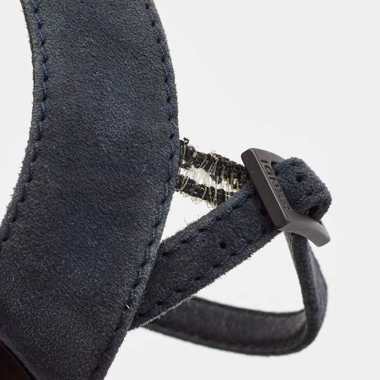 Pre Owned Fendi Navy Blue Suede Platform Ankle Strap Sandals Size 38