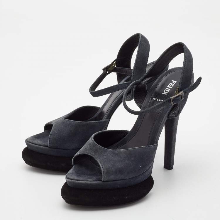 Pre Owned Fendi Navy Blue Suede Platform Ankle Strap Sandals Size 38