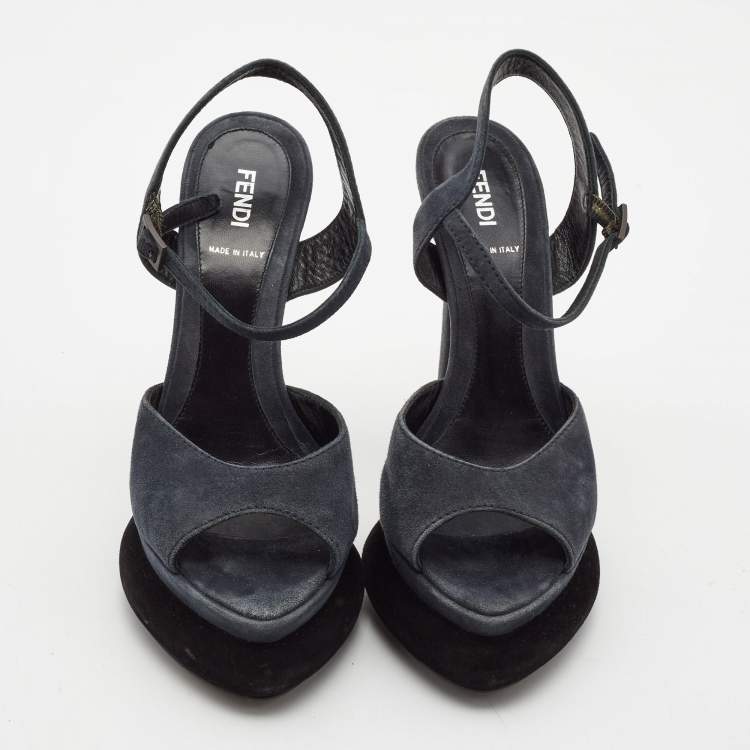 Pre Owned Fendi Navy Blue Suede Platform Ankle Strap Sandals Size 38
