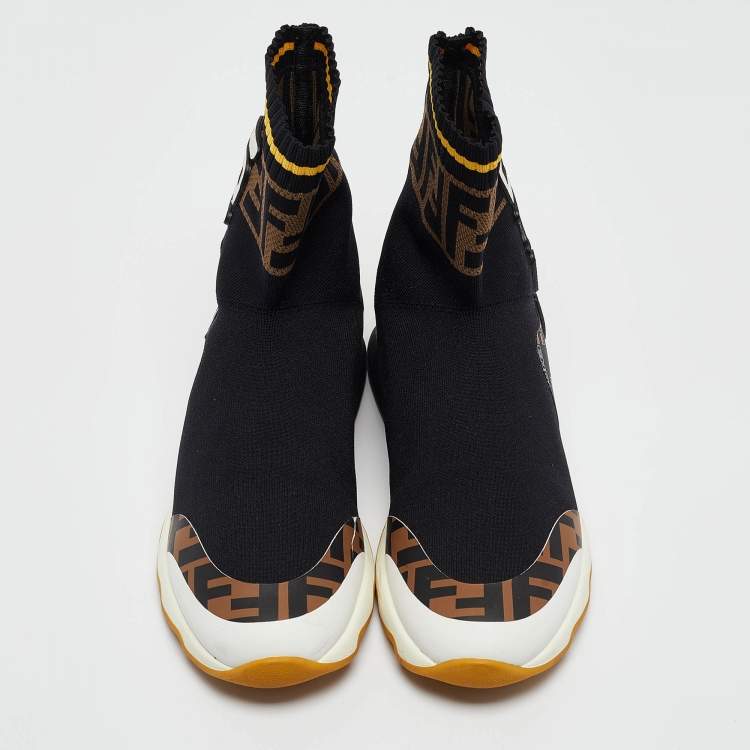 Pre Owned Fendi  X Fila Brown/Black Tobacco Knit Fabric Sock Sneakers Size 36