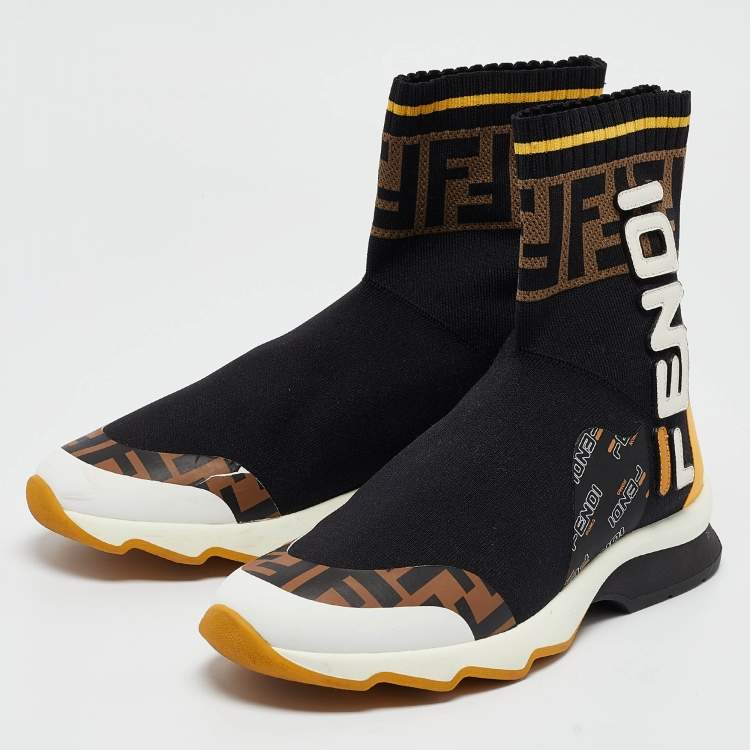 Pre Owned Fendi  X Fila Brown/Black Tobacco Knit Fabric Sock Sneakers Size 36