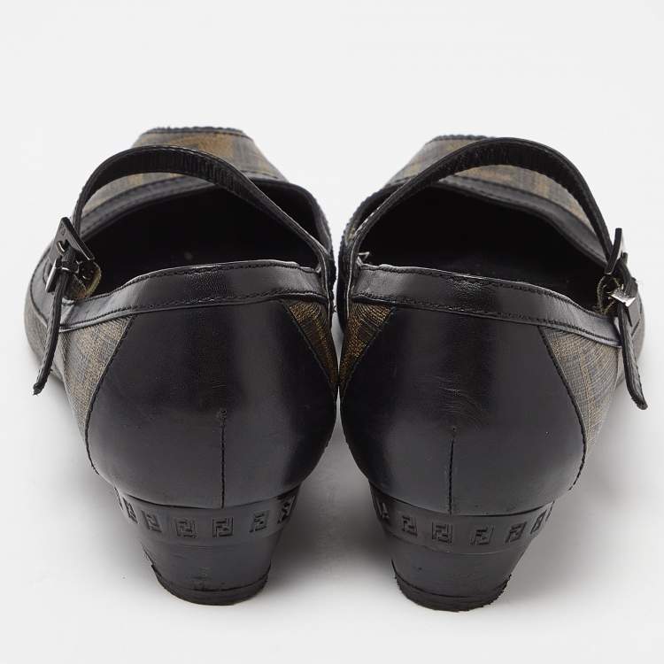 Pre Owned Fendi Black/Brown Coated Canvas and Leather Marry Jane Ballet Flats Size 39.5