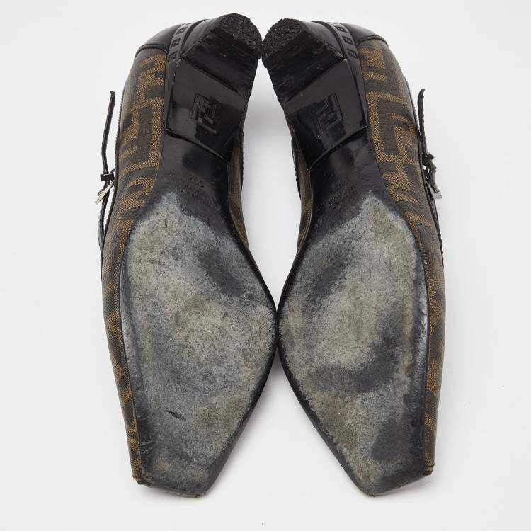 Pre Owned Fendi Black/Brown Coated Canvas and Leather Marry Jane Ballet Flats Size 39.5
