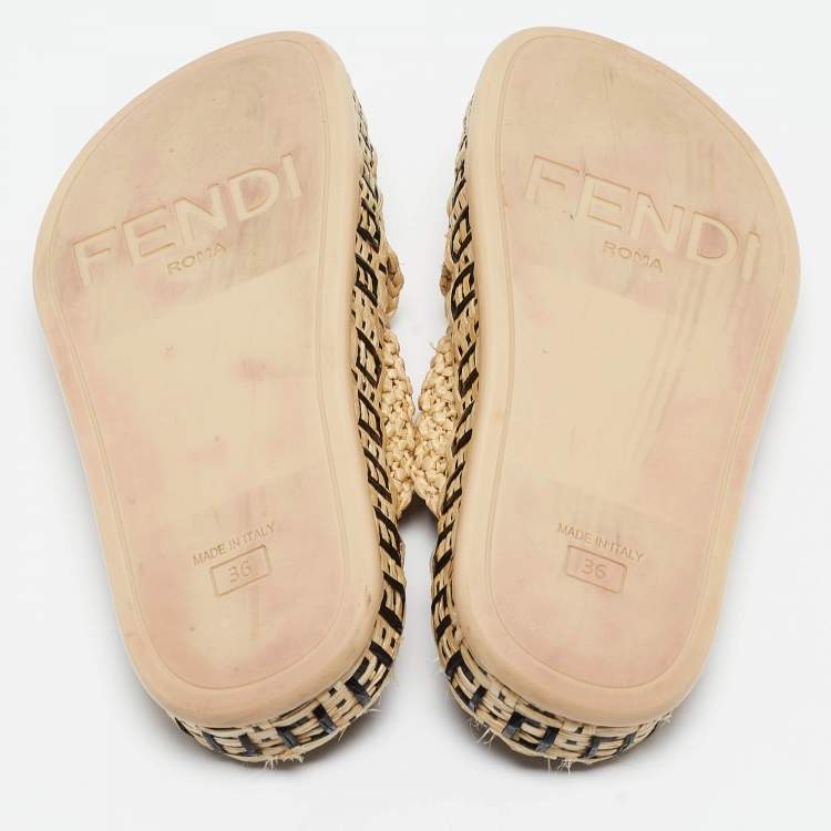 Pre Owned Fendi Beige Raffia Crisscross Flat Slides Size 36