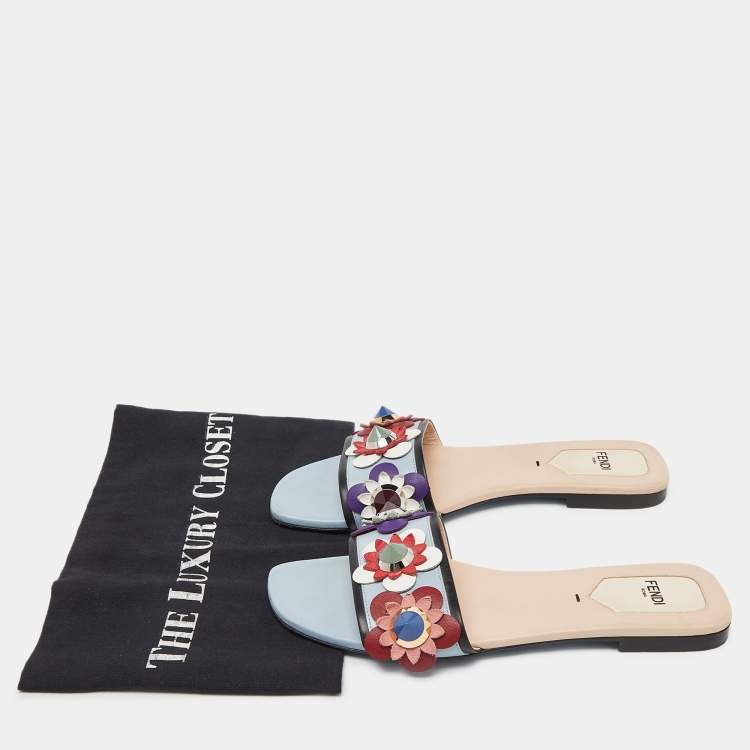 Pre Owned Fendi Blue Leather Flowerland Open Toe Flat Slides Size 36.5