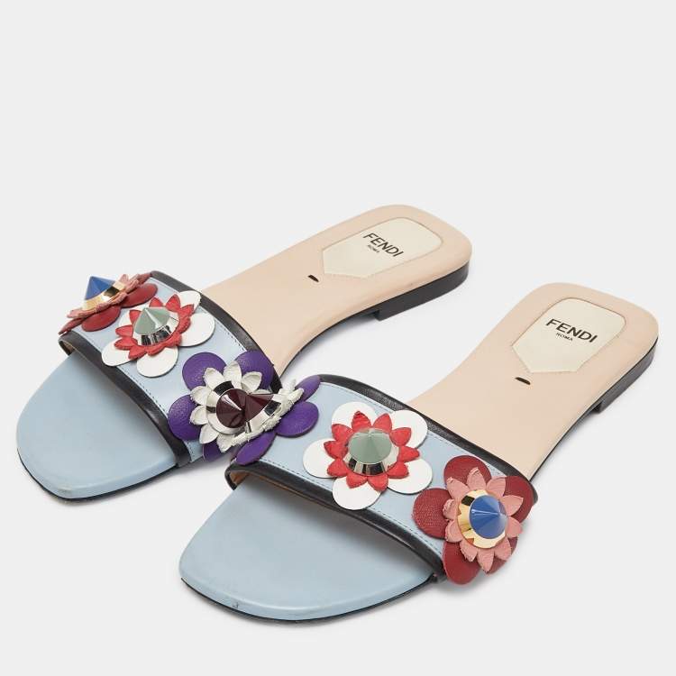 Pre Owned Fendi Blue Leather Flowerland Open Toe Flat Slides Size 36.5