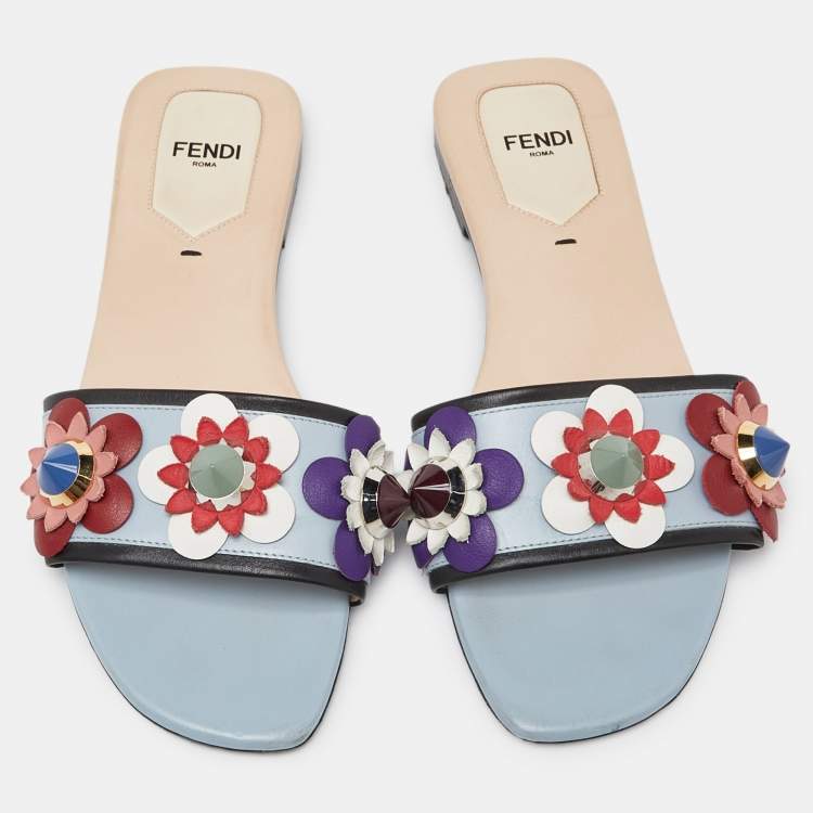 Pre Owned Fendi Blue Leather Flowerland Open Toe Flat Slides Size 36.5