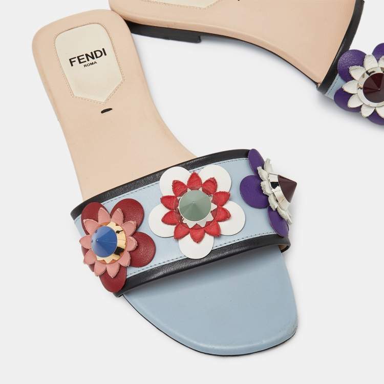 Pre Owned Fendi Blue Leather Flowerland Open Toe Flat Slides Size 36.5