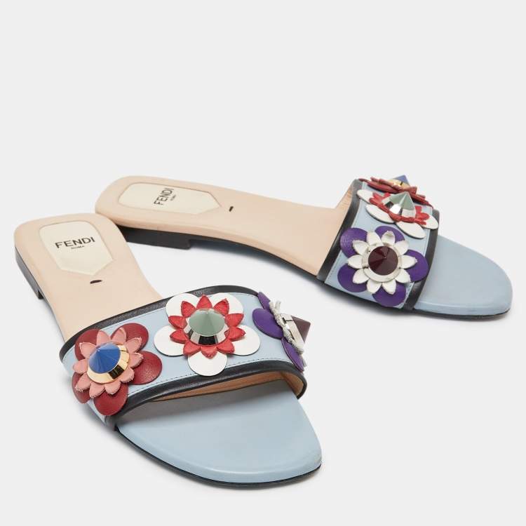 Pre Owned Fendi Blue Leather Flowerland Open Toe Flat Slides Size 36.5
