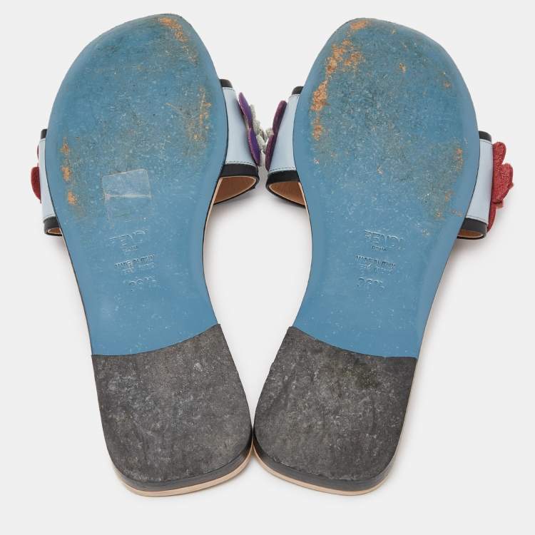 Pre Owned Fendi Blue Leather Flowerland Open Toe Flat Slides Size 36.5