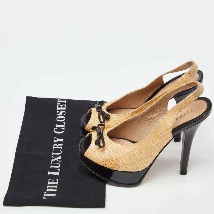 Pre Owned Fendi Yellow Beige/Black Woven Raffia and Patent Leather Fendista Bow Slingback Pumps Size 37