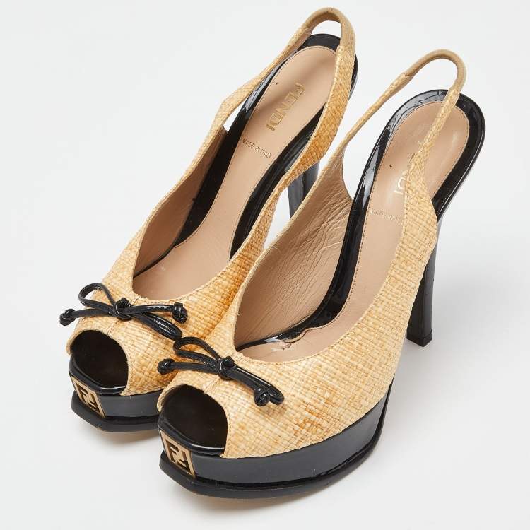 Pre Owned Fendi Yellow Beige/Black Woven Raffia and Patent Leather Fendista Bow Slingback Pumps Size 37