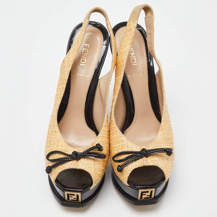 Pre Owned Fendi Yellow Beige/Black Woven Raffia and Patent Leather Fendista Bow Slingback Pumps Size 37
