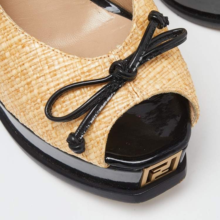 Pre Owned Fendi Yellow Beige/Black Woven Raffia and Patent Leather Fendista Bow Slingback Pumps Size 37