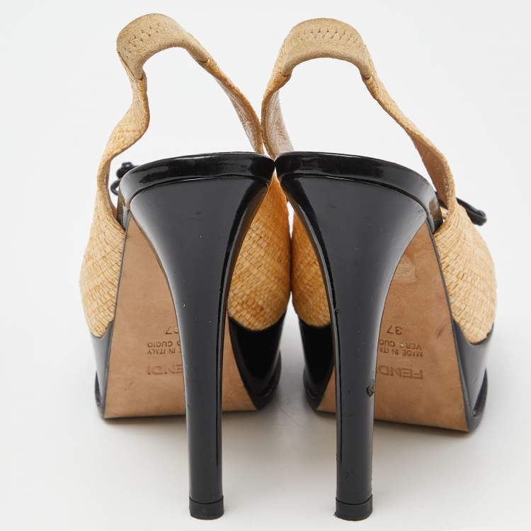 Pre Owned Fendi Yellow Beige/Black Woven Raffia and Patent Leather Fendista Bow Slingback Pumps Size 37