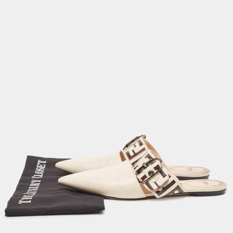Pre Owned Fendi Cream Leather FF Embossed Flat Mules Size 39.5