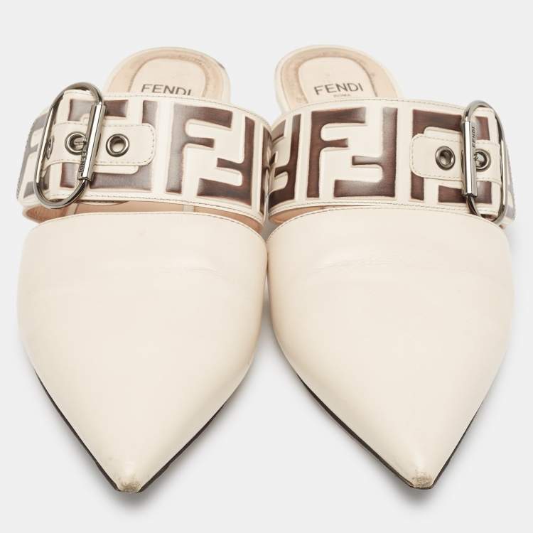 Pre Owned Fendi Cream Leather FF Embossed Flat Mules Size 39.5