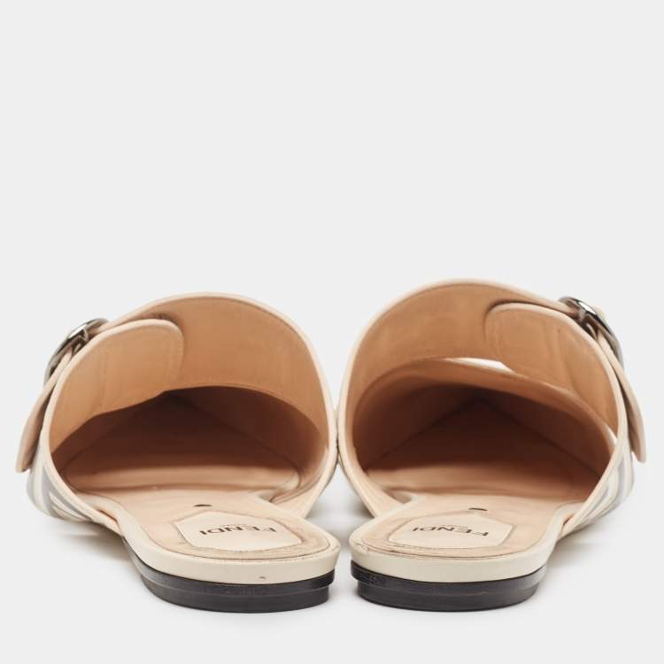 Pre Owned Fendi Cream Leather FF Embossed Flat Mules Size 39.5