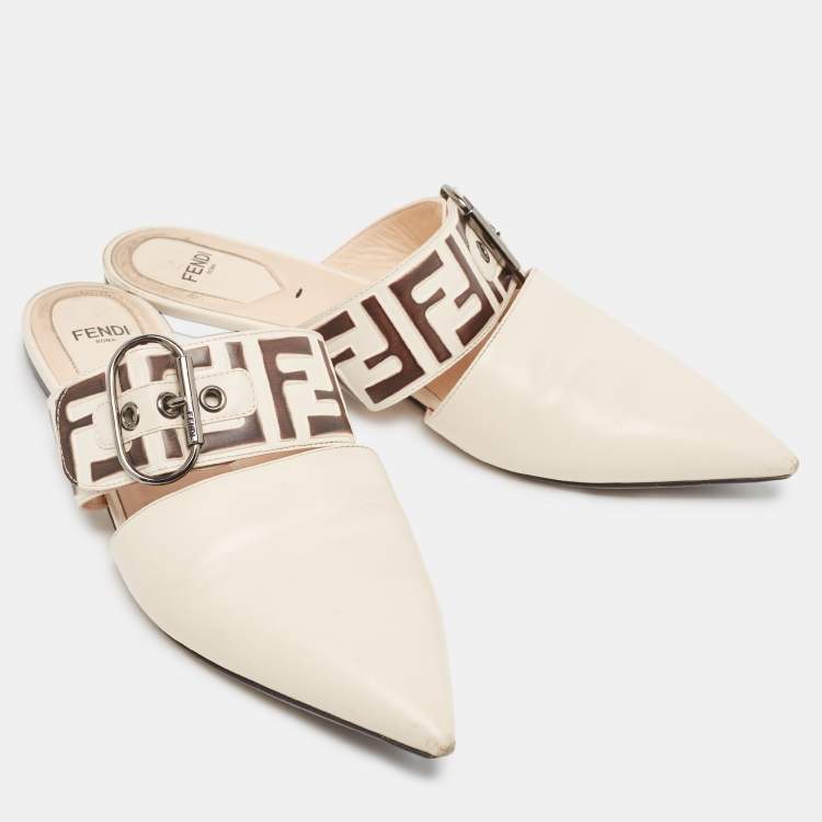 Pre Owned Fendi Cream Leather FF Embossed Flat Mules Size 39.5