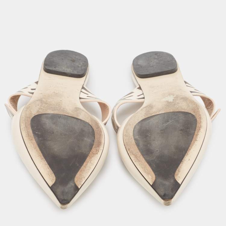 Pre Owned Fendi Cream Leather FF Embossed Flat Mules Size 39.5
