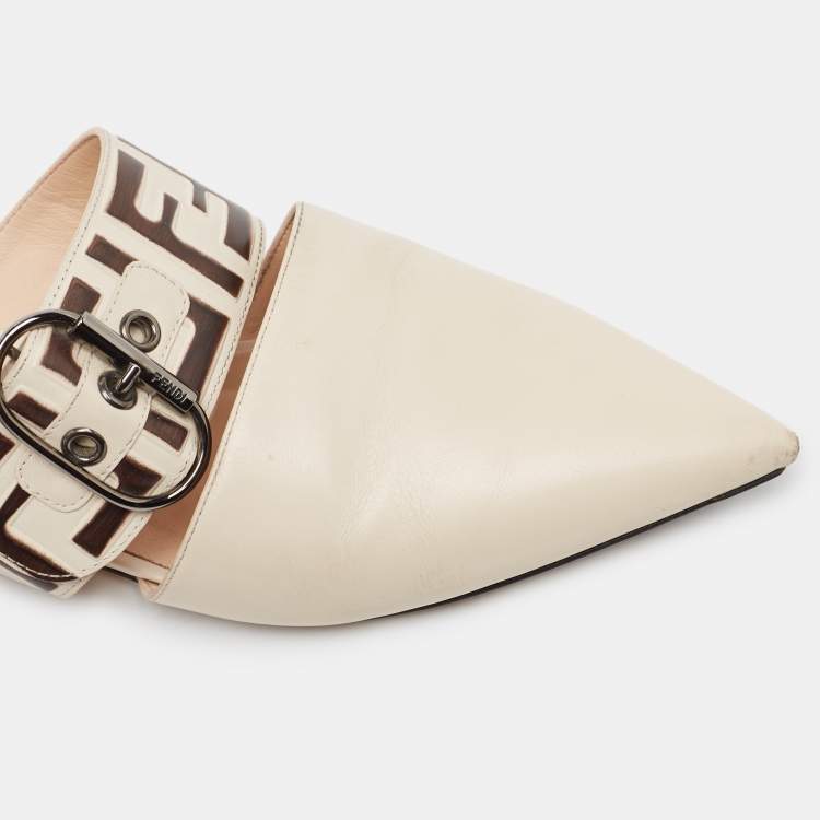Pre Owned Fendi Cream Leather FF Embossed Flat Mules Size 39.5