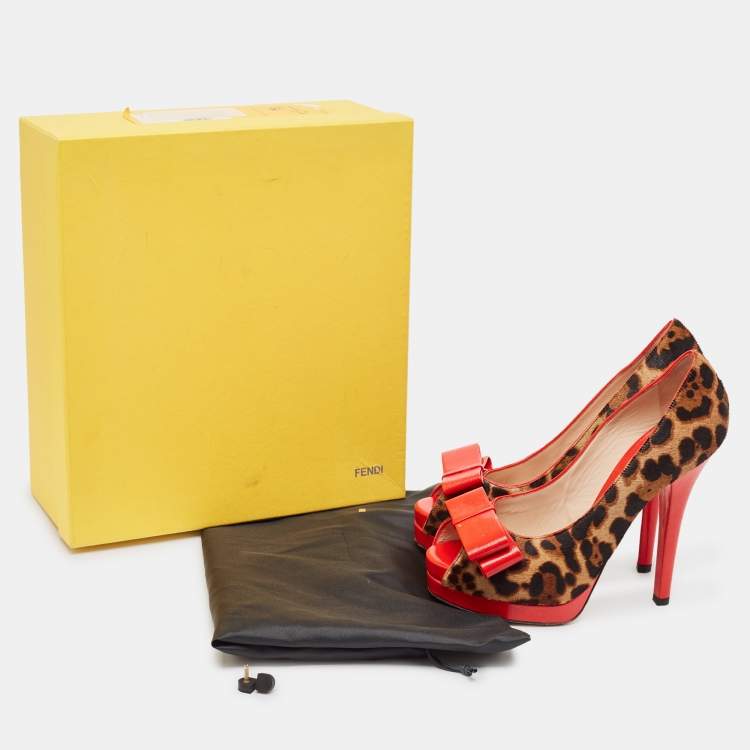 Pre Owned Fendi Red/Brown Calf Hair and Leather Peep Toe Pumps Size 40