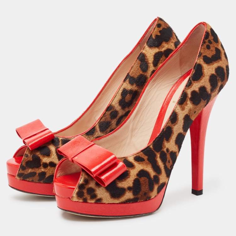 Pre Owned Fendi Red/Brown Calf Hair and Leather Peep Toe Pumps Size 40