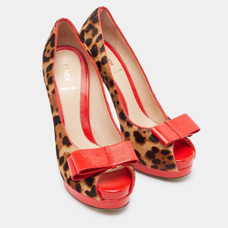 Pre Owned Fendi Red/Brown Calf Hair and Leather Peep Toe Pumps Size 40