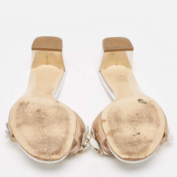 Pre Owned Fendi Metallic Leather Flowerland Slide Sandals Size 37