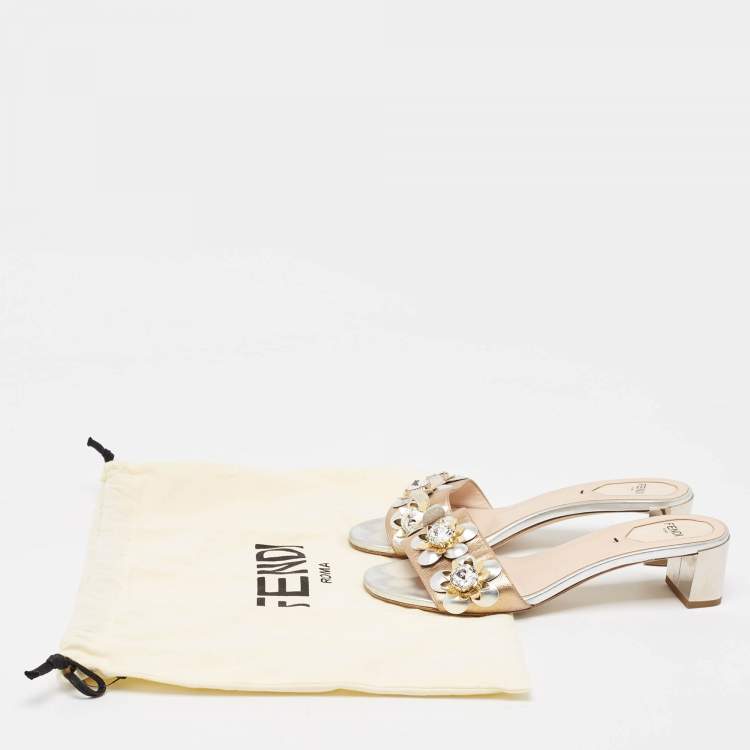 Pre Owned Fendi Metallic Leather Flowerland Slide Sandals Size 37