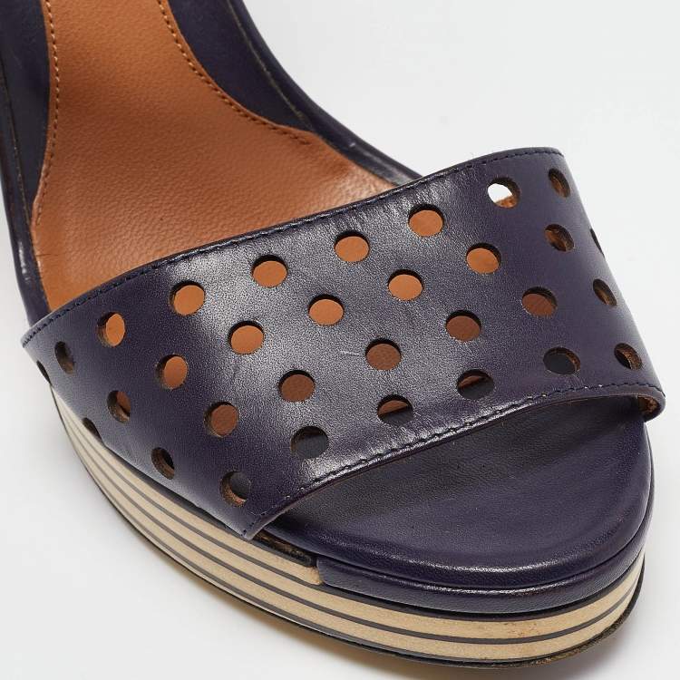 Pre Owned Fendi Navy Blue Perforated Leather Ankle Strap Platform Sandals Size 40