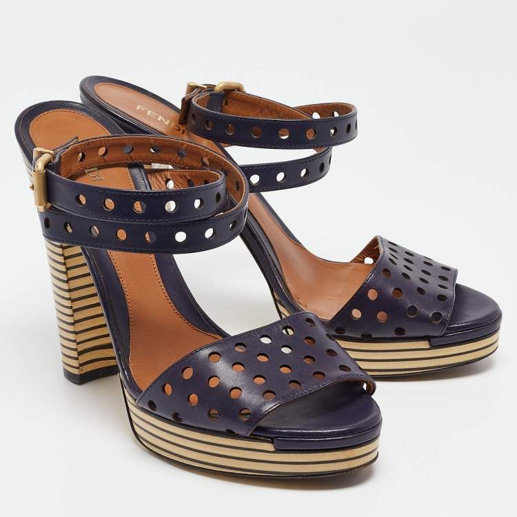 Pre Owned Fendi Navy Blue Perforated Leather Ankle Strap Platform Sandals Size 40