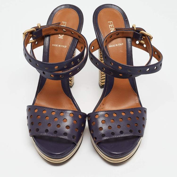 Pre Owned Fendi Navy Blue Perforated Leather Ankle Strap Platform Sandals Size 40