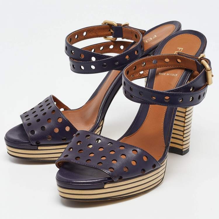 Pre Owned Fendi Navy Blue Perforated Leather Ankle Strap Platform Sandals Size 40