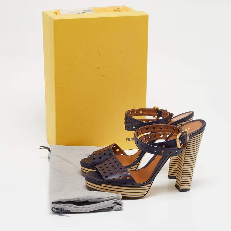 Pre Owned Fendi Navy Blue Perforated Leather Ankle Strap Platform Sandals Size 40