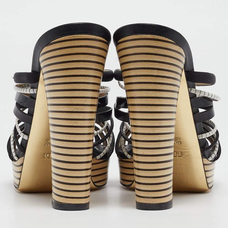 Pre Owned Fendi Black Leather and Satin Strappy Platform Slide Sandals Size 41