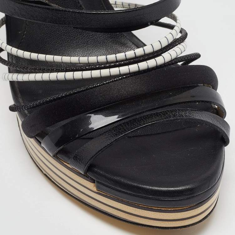 Pre Owned Fendi Black Leather and Satin Strappy Platform Slide Sandals Size 41