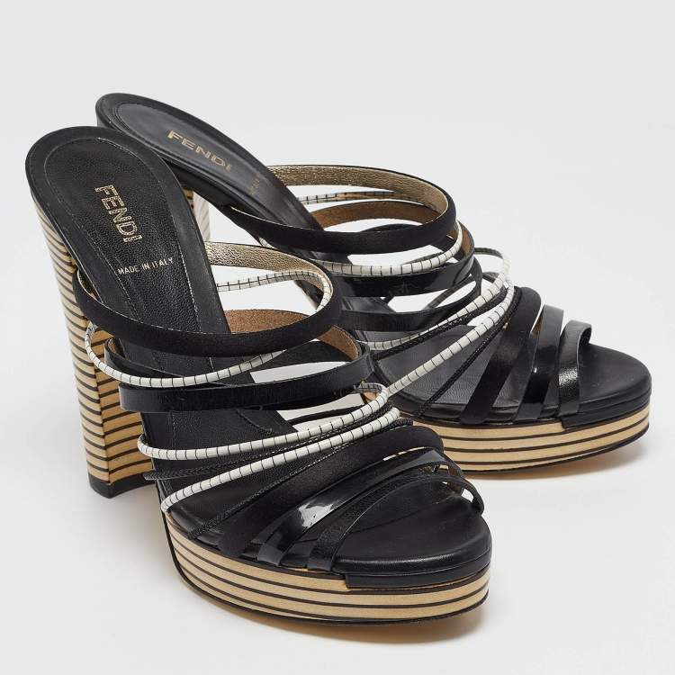Pre Owned Fendi Black Leather and Satin Strappy Platform Slide Sandals Size 41