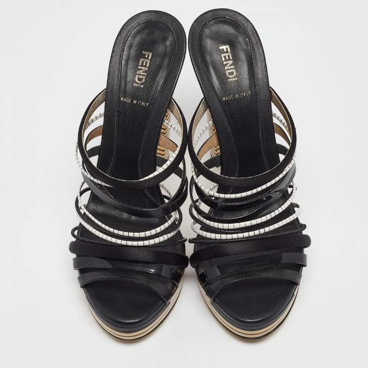 Pre Owned Fendi Black Leather and Satin Strappy Platform Slide Sandals Size 41