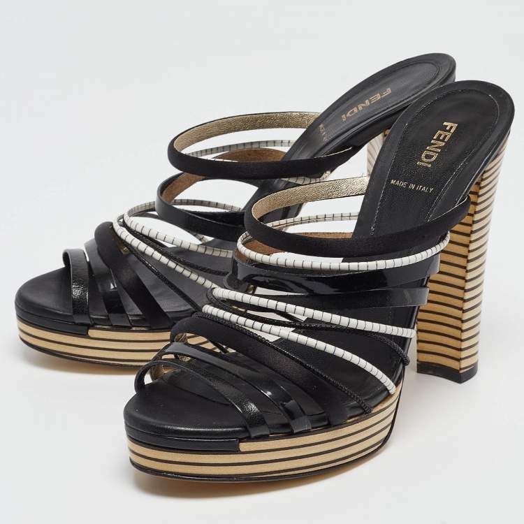 Pre Owned Fendi Black Leather and Satin Strappy Platform Slide Sandals Size 41
