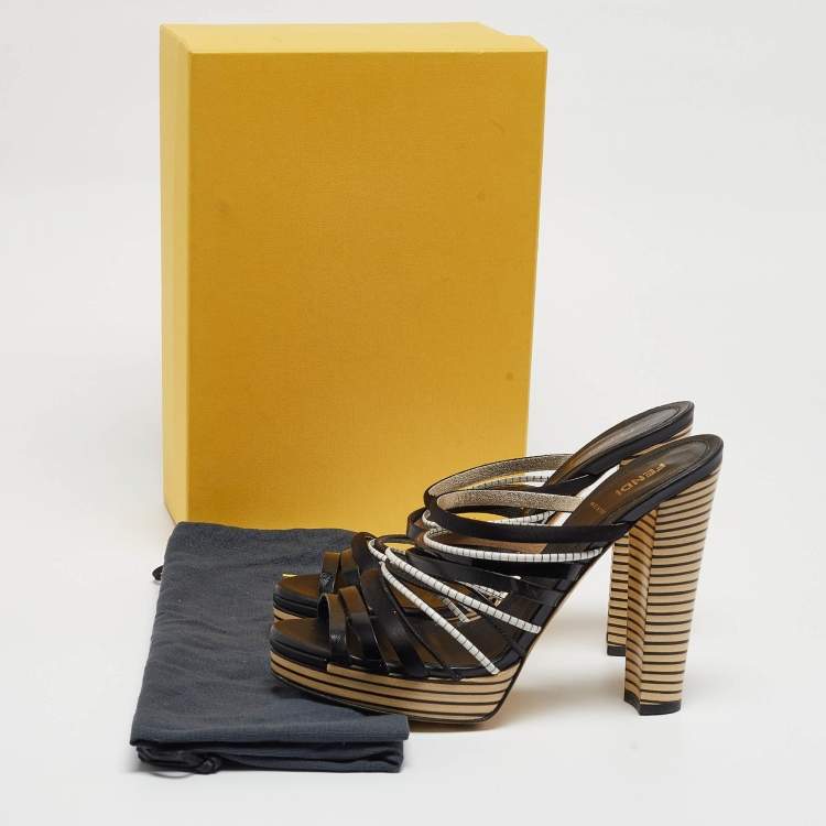 Pre Owned Fendi Black Leather and Satin Strappy Platform Slide Sandals Size 41