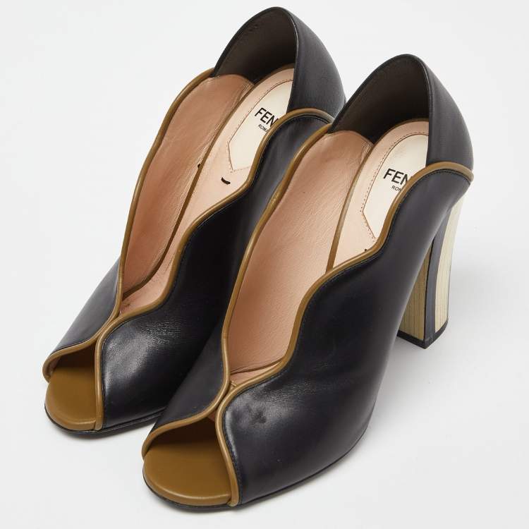 Pre Owned Fendi Tricolor Leather Scallop Lined Peep Toe Pumps Size 38