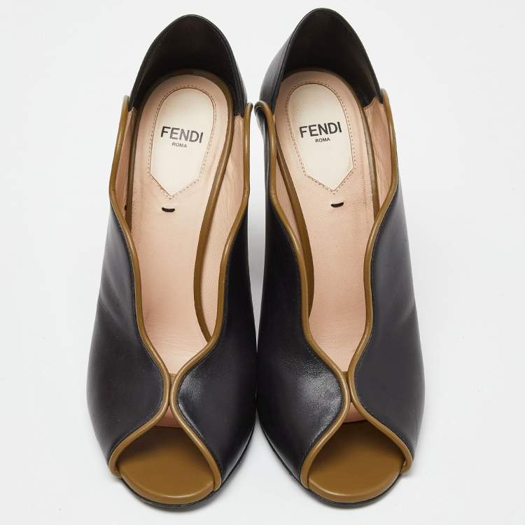 Pre Owned Fendi Tricolor Leather Scallop Lined Peep Toe Pumps Size 38