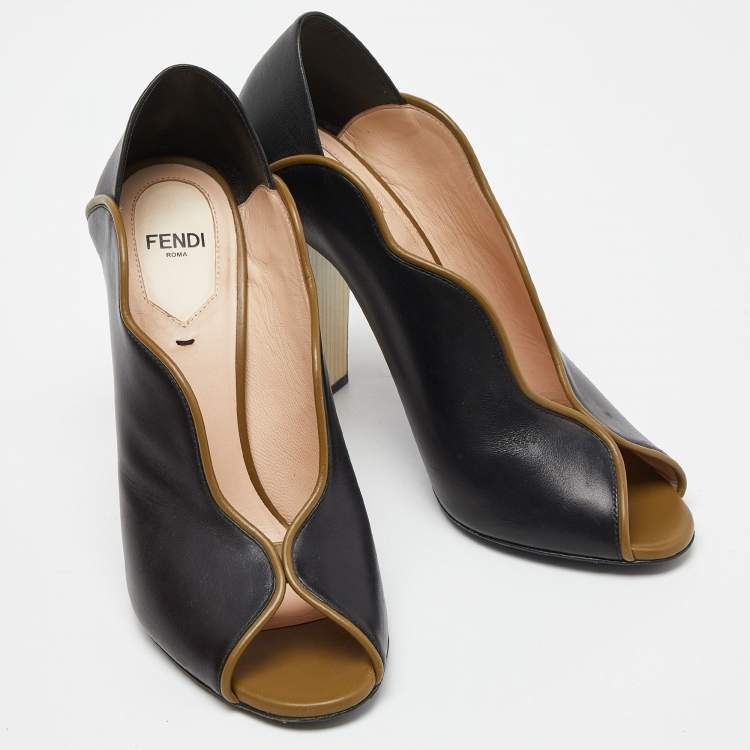 Pre Owned Fendi Tricolor Leather Scallop Lined Peep Toe Pumps Size 38