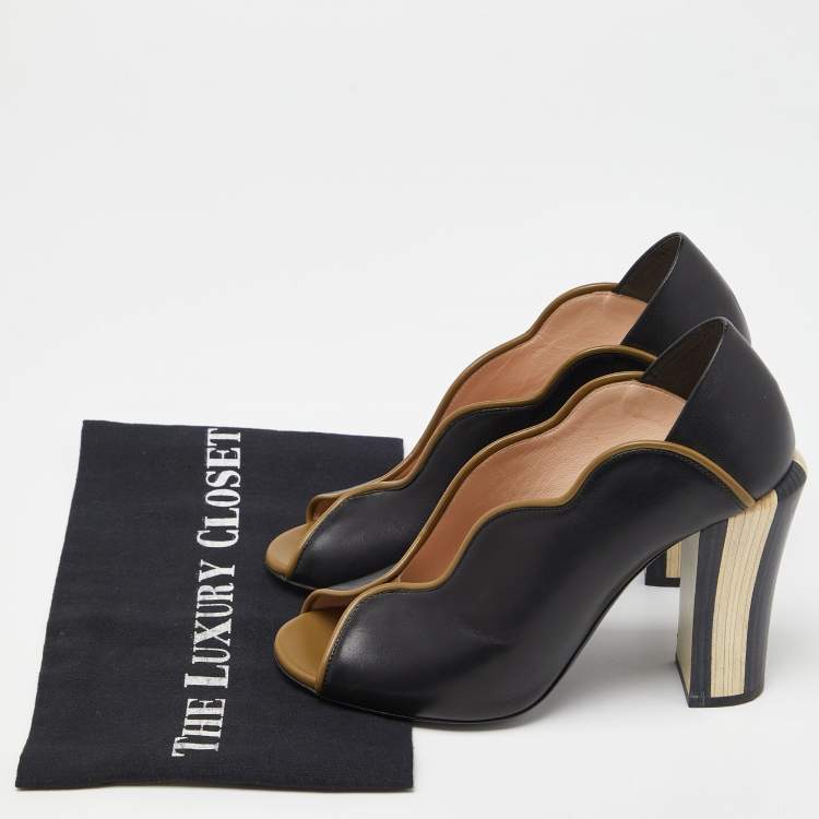 Pre Owned Fendi Tricolor Leather Scallop Lined Peep Toe Pumps Size 38