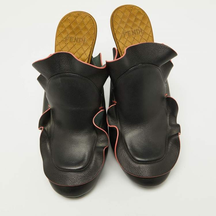 Pre Owned Fendi Black Ruffled Leather Mules Size 38.5
