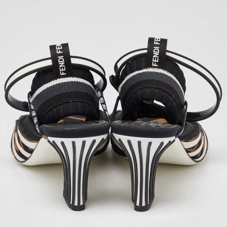 Pre Owned Fendi Brown/Black Mesh and Zucca Fabric Ankle Strap Slingback Sandals Size 36