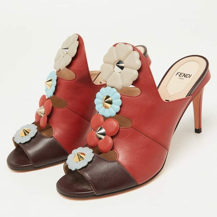 Pre Owned Fendi Red/Dark Brown Leather Flowerland Mules Size 38